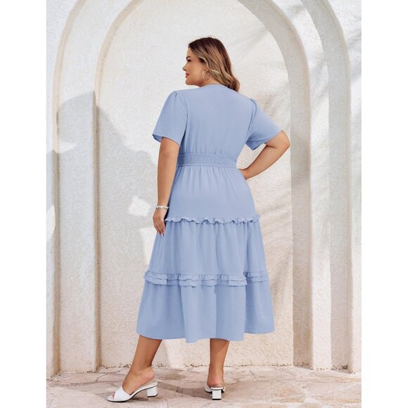 Women's Plus Size Summer Casual Dress V Neck Tiered Pockets Flowy - Picture 3 of 7